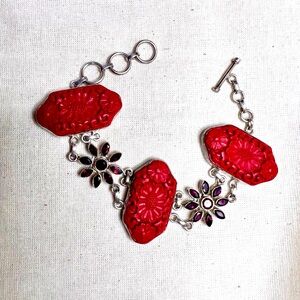 Vintage Sterling Silver, Garnet, Faux Carved Cinnabar Bracelet